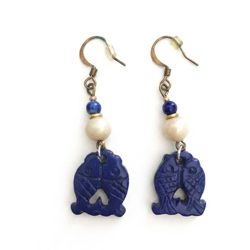 Boho Chic Lapis Blue Carved Fish Beaded Dangle Earrings Nautical